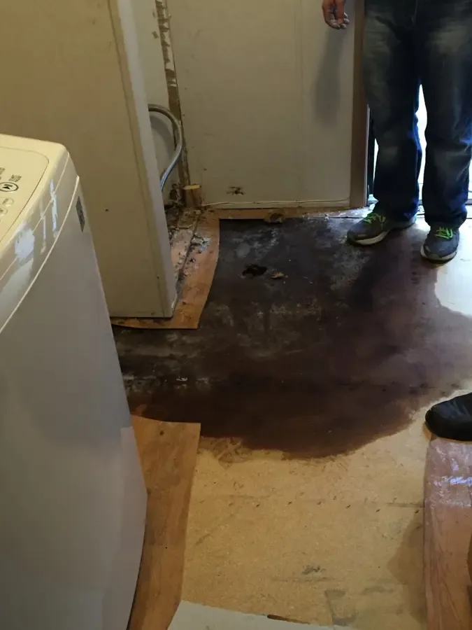 Water spreads over a laundry floor beside a washing machine and wet wall