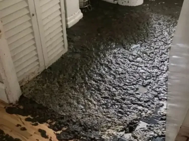 Dark sewage water and sludge cover the floor outside a bathroom closet