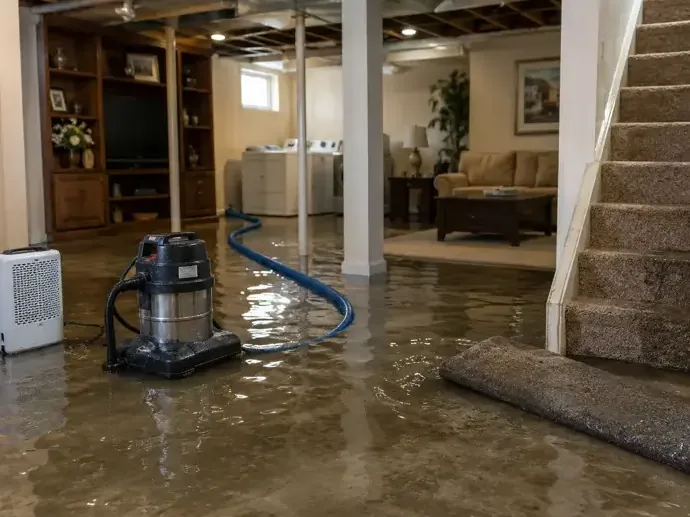 Floodwater covers a lower-level room floor around extraction equipment