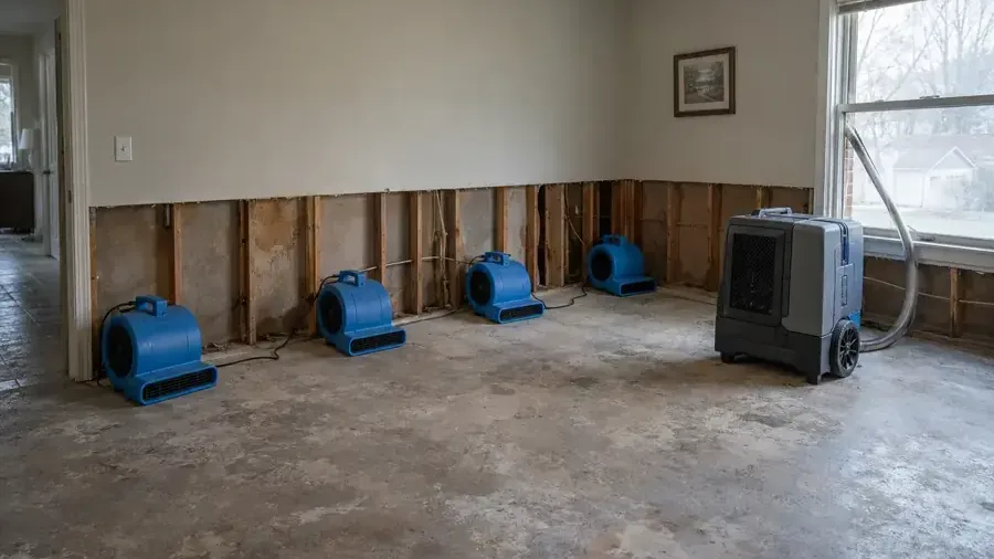 Air movers and a dehumidifier stand beside exposed lower wall framing